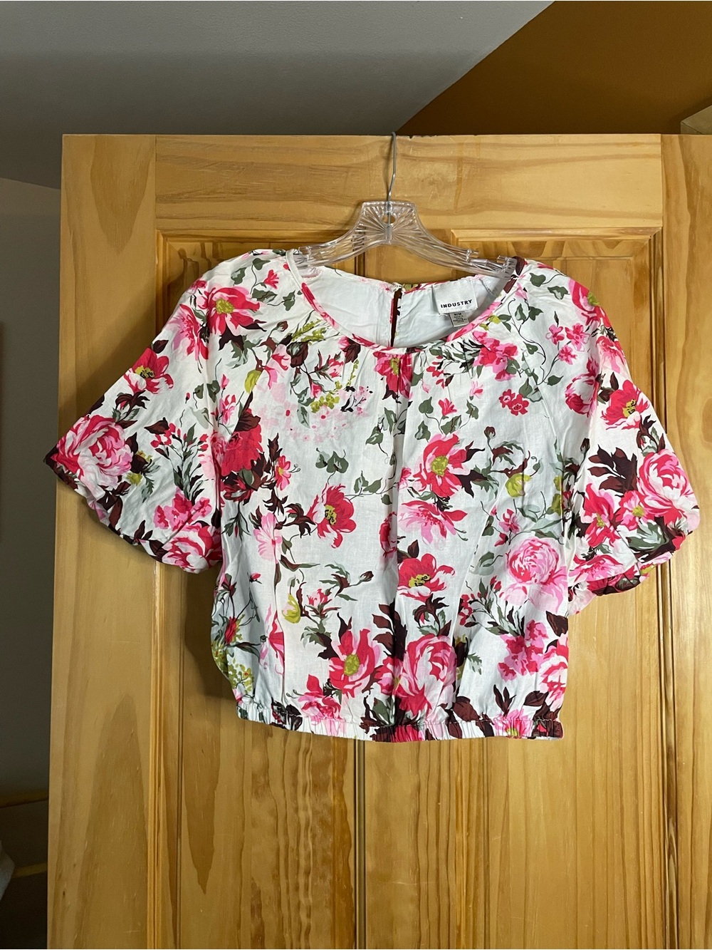 Floral Short-Sleeve Crop Blouse - White with Pink Floral